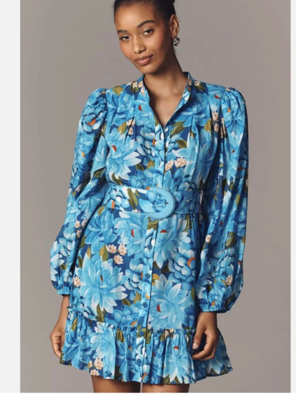 Farm Rio X Anthropologie Long-Sleeve Mini Swing Dress Belted Blue Floral L NWT